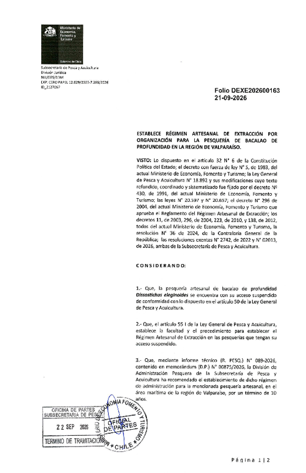 Dec. Ex. Folio DEXE202600163 Establece Régimen Artesanal de Extracción por Organización para la pesquería de Bacalao de Profundidad, en la Región de Valparaíso. (Publicado en Página Web 22-09-2026)