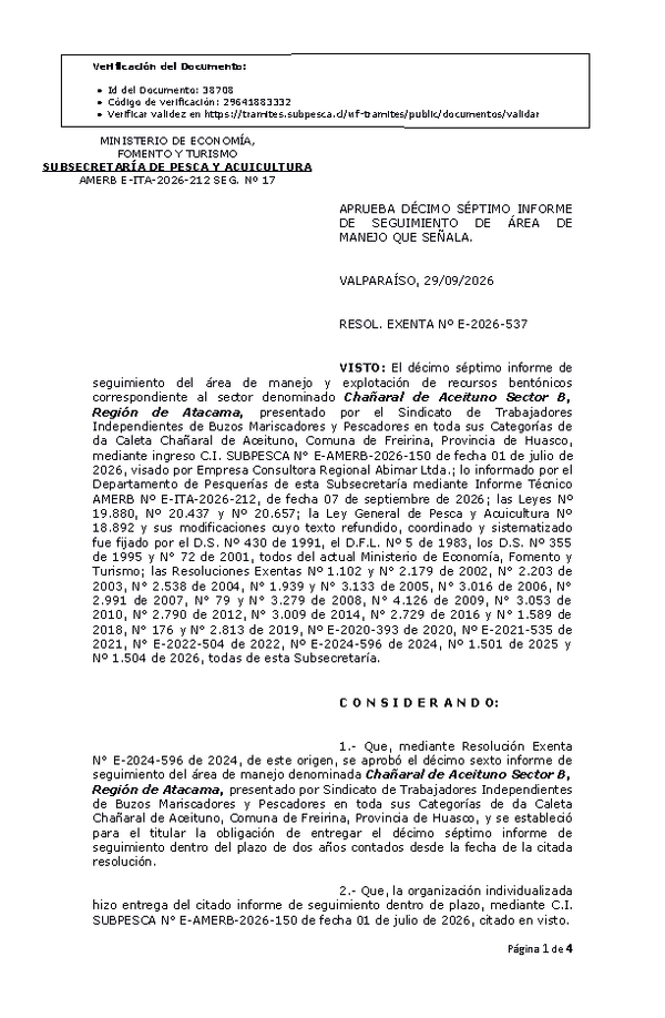 RESOL. EXENTA Nº E-2026-537 Aprueba décimo séptimo informe de seguimiento. (Publicado en Página Web 29-09-2026)