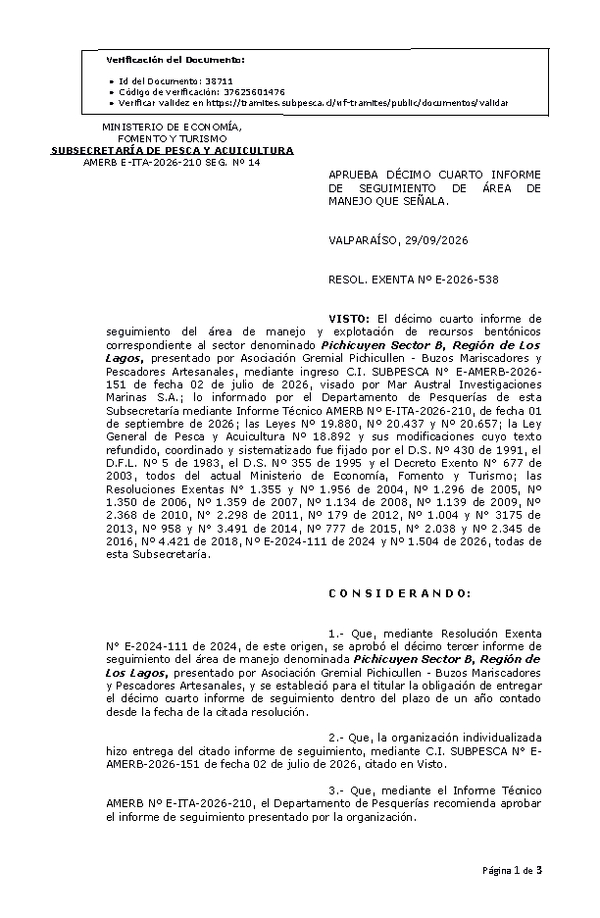 RESOL. EXENTA Nº E-2026-538 Aprueba décimo cuarto informe de seguimiento. (Publicado en Página Web 30-09-2026)