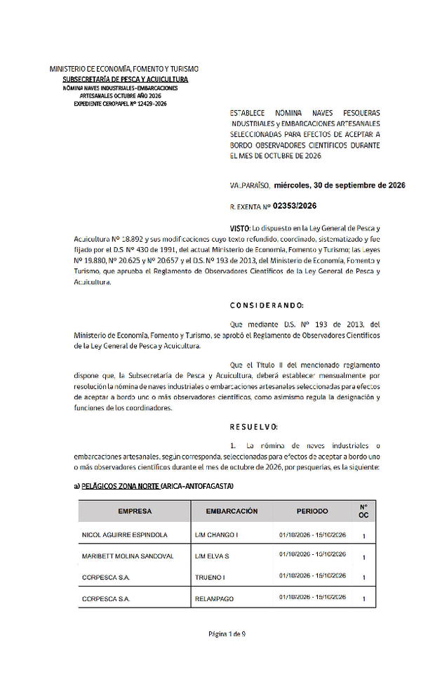 Res. Ex. Nº 2353-2026 Naves mes de octubre de 2026. (Publicado en Página Web 30-09-2026).
