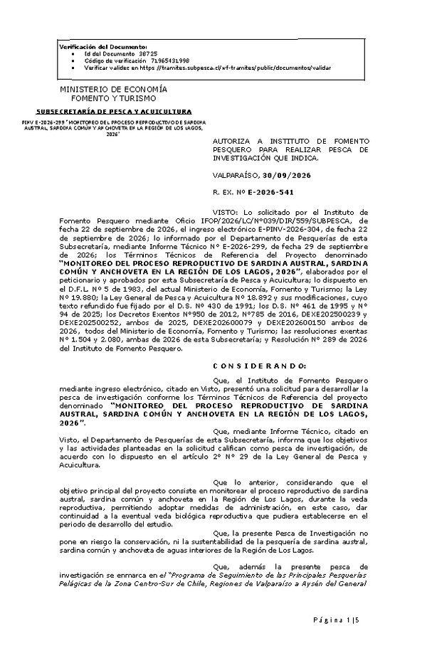 R. EX. Nº E-2026-541 AUTORIZA A INSTITUTO DE FOMENTO PESQUERO PARA REALIZAR PESCA DE INVESTIGACIÓN QUE INDICA. (Publicado en Página Web 30-09-2026)