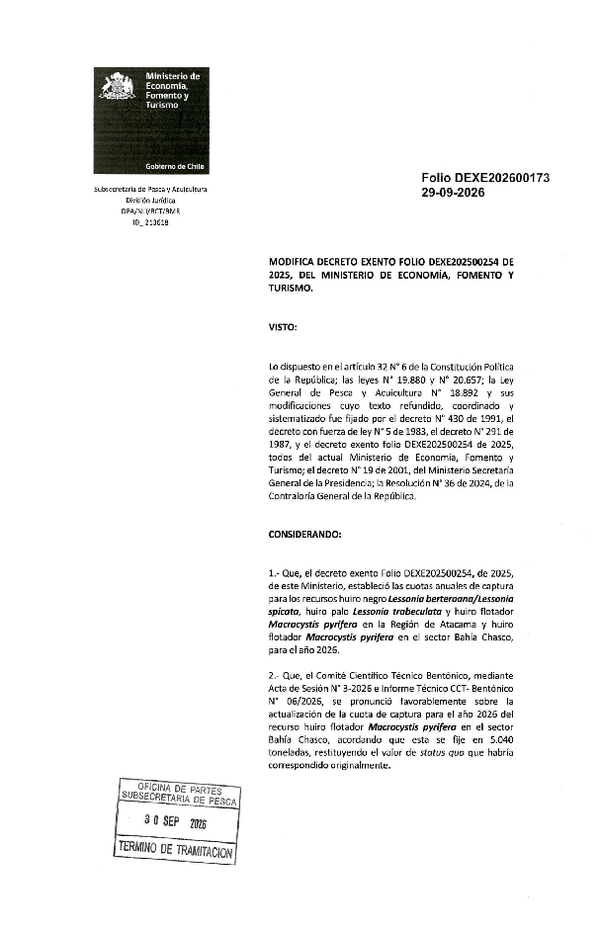 Dec. Ex. Folio 202600173 Modifica Dec. Ex. Folio 202500254 Establece Cuota Anual de Captura para los Recursos Huiro negro, Huiro palo y Huiro Flotador en la Región de Atacama y Huiro Flotador en el Sector Bahía Chasco, año 2026. (Publicado en Página Web 01-10-2026)