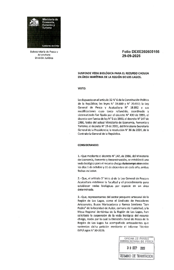 Dec. Ex. Folio 202600166 Suspende Veda Biológica para el Recurso Cholga, Región de Los Lagos. (Publicado en Página Web 02-10-2026)