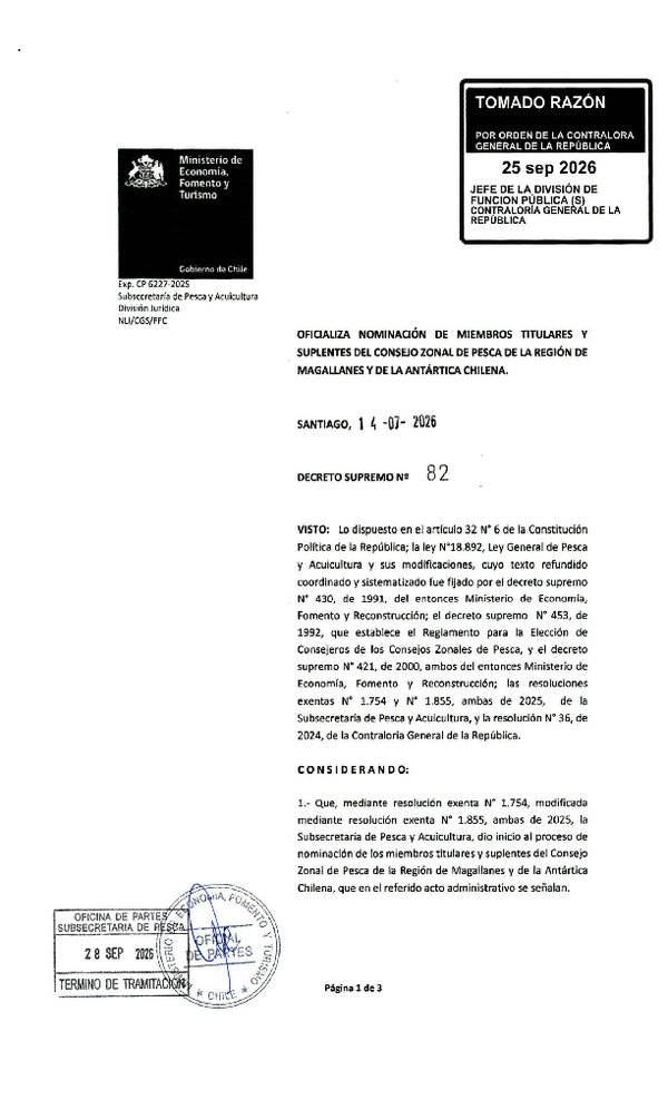 D.S. N° 82-2026 Oficializa Nominación de Integrantes Titulares y Suplentes del Consejo Zonal de Pesca de la Región de Magallanes y de la Antártica Chilena. (F.D.O. 08-10-2026)