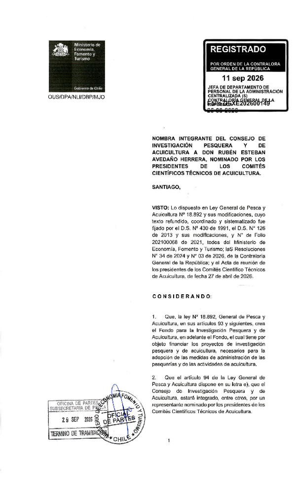 Dec. Ex. Folio DEXE202600149 Nombra Integrante del Consejo de Investigación Pesquera y de Acuicultura a Don Rubén Esteban Avendaño Herrera, Nominado por los Presidentes de los Comités Científicos Técnicos de Acuicultura. (F.D.O. 08-10-2026)