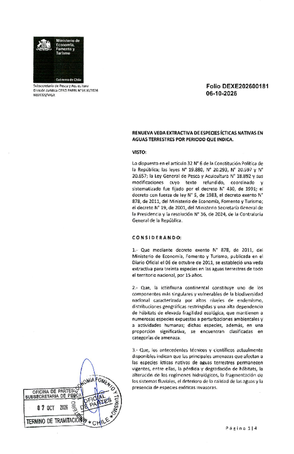 Dec. Ex. Folio DEXE202600181 Renueva Veda Extractiva para Especies Ícticas Nativas en Aguas Terrestres por Período que Indica. (Publicado en Página Web 08-10-2026)