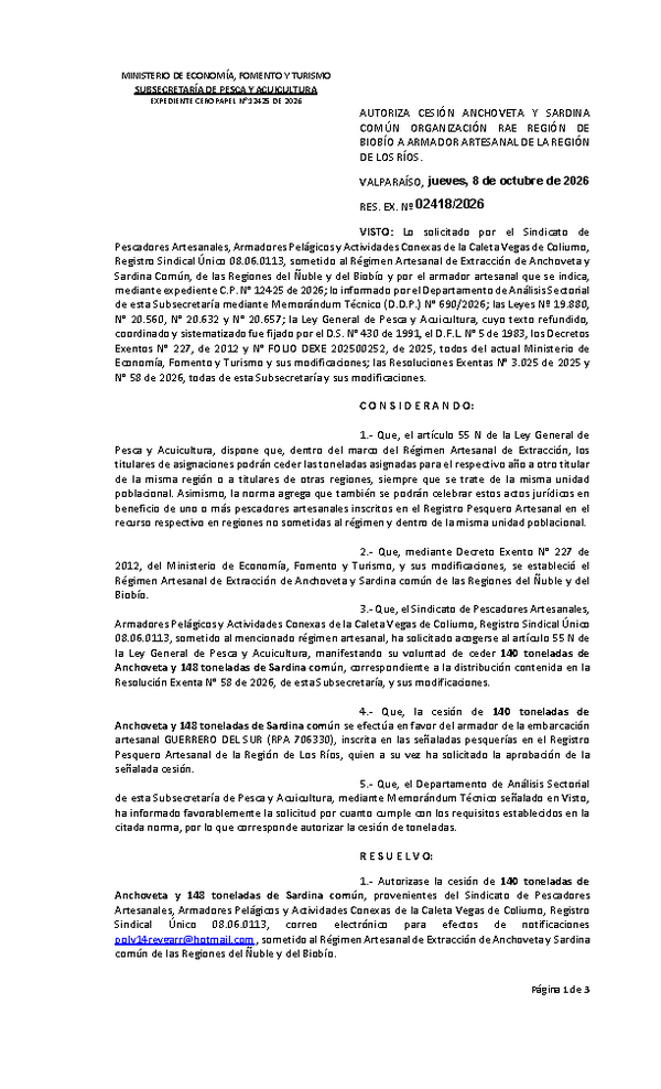 Res. Ex. N° 2418-2026 Autoriza Cesión de Anchoveta y Sardina común, Regiones del Biobío a Los Ríos. (Publicado en Página Web 08-10-2026)