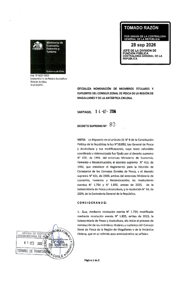 D.S. N° 80-2026 Oficializa Nominación de Miembros Titulares y Suplentes del Consejo Zonal de Pesca de la Región de Magallanes y de la Antártica Chilena. (F.D.O. 09-10-2026)