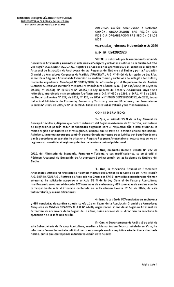 Res. Ex. N° 2428-2026 Autoriza Cesión de Anchoveta y Sardina común, Regiones del Biobío a Los Ríos. (Publicado en Página Web 13-10-2026)