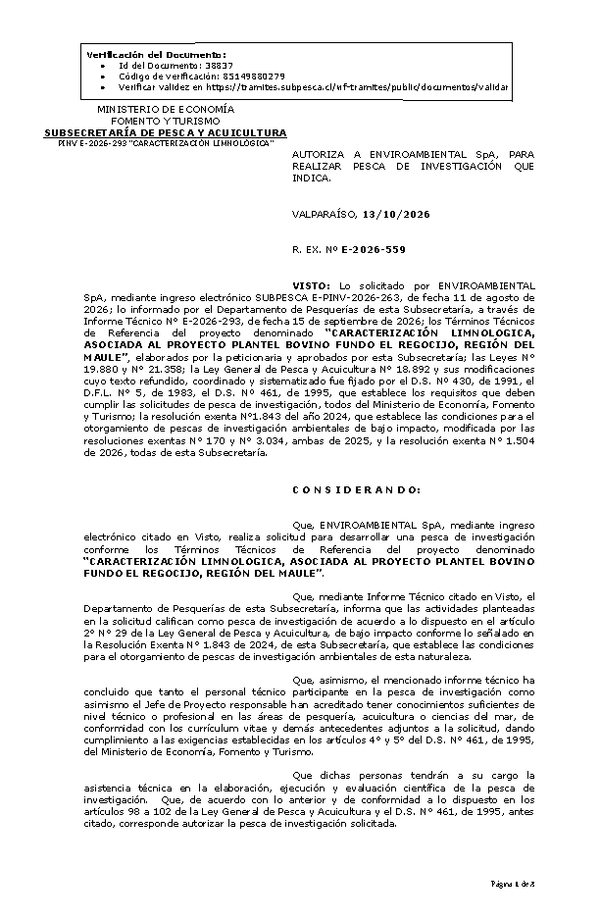 R. EX. Nº E-2026-559 AUTORIZA A ENVIROAMBIENTAL SpA, PARA REALIZAR PESCA DE INVESTIGACIÓN QUE INDICA. (Publicado en Página Web 13-10-2026).