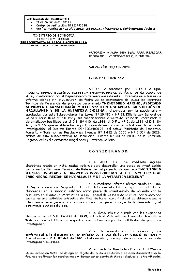 R. EX. Nº E-2026-562 AUTORIZA A ALFA SEA SpA, PARA REALIZAR PESCA DE INVESTIGACIÓN QUE INDICA. (Publicado en Página Web 13-10-2026).