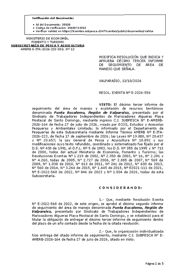 RESOL. EXENTA Nº E-2026-554 Modifica resolución que indica, aprueba décimo tercer informe de seguimiento. (Publicado en Página Web 14-10-2026)