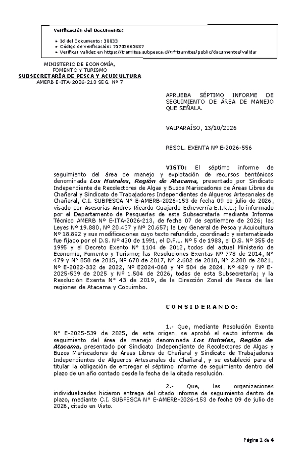 RESOL. EXENTA Nº E-2026-556 Aprueba séptimo informe de seguimiento. (Publicado en Página Web 14-10-2026)