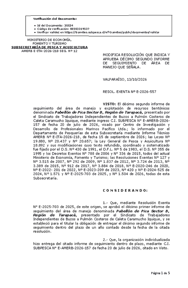RESOL. EXENTA Nº E-2026-557 Modifica resolución que indica, aprueba décimo segundo informe de seguimiento. (Publicado en Página Web 14-10-2026)