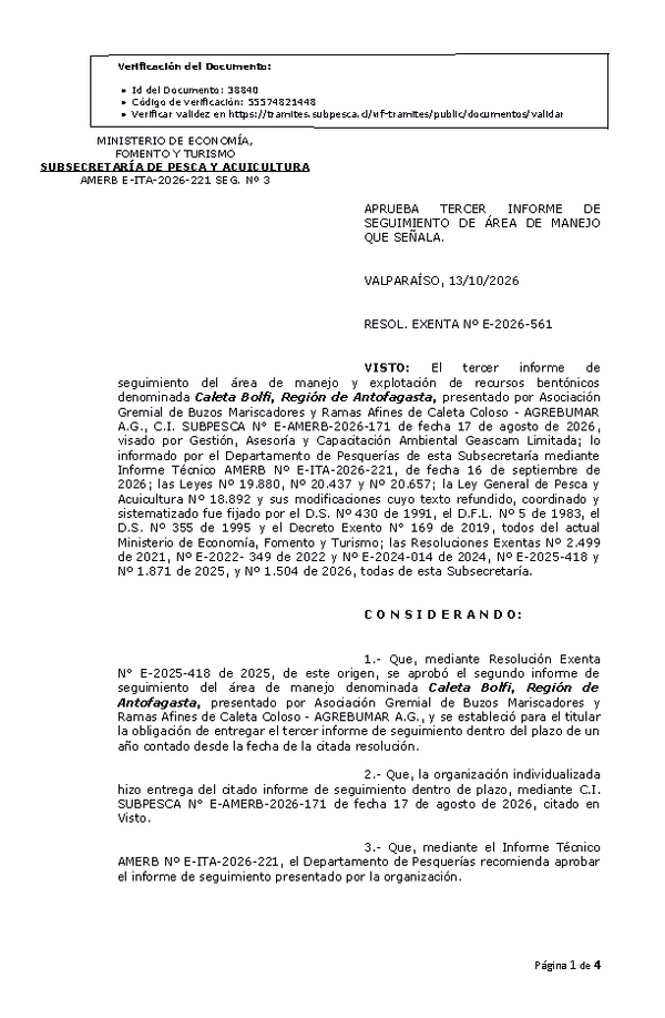 RESOL. EXENTA Nº E-2026-561 Aprueba tercer informe de seguimiento (Publicado en Página Web 14-10-2026)