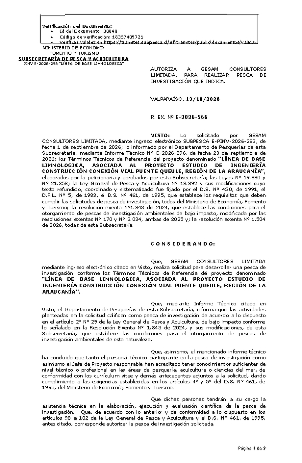 R. EX. Nº E-2026-566 AUTORIZA A GESAM CONSULTORES LIMITADA, PARA REALIZAR PESCA DE INVESTIGACIÓN QUE INDICA. (Publicado en Página Web 14-10-2026).