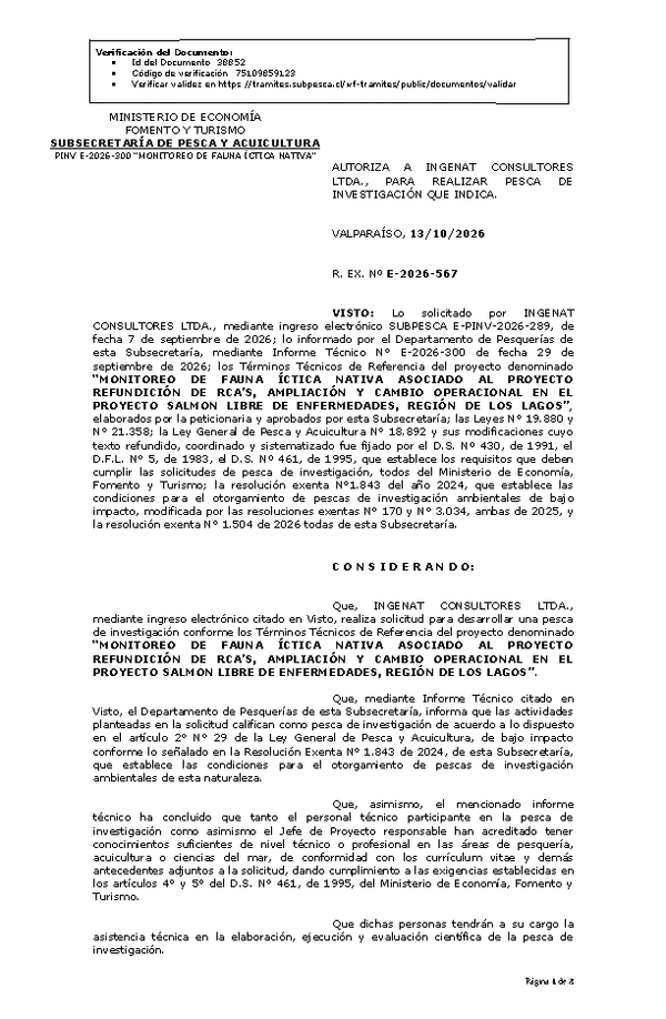 R. EX. Nº E-2026-567 AUTORIZA A INGENAT CONSULTORES LTDA., PARA REALIZAR PESCA DE INVESTIGACIÓN QUE INDICA. (Publicado en Página Web 14-10-2026).