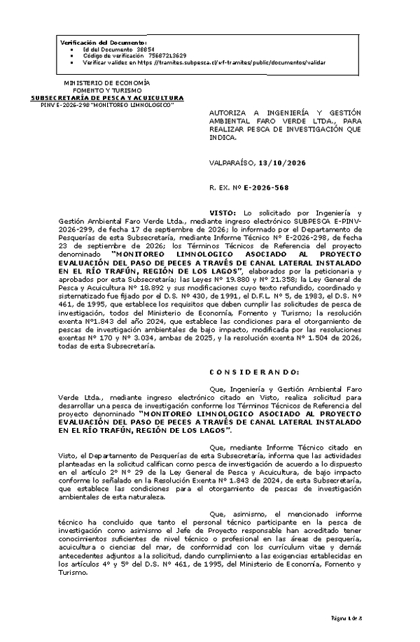 R. EX. Nº E-2026-568 AUTORIZA A INGENIERÍA Y GESTIÓN AMBIENTAL FARO VERDE LTDA., PARA REALIZAR PESCA DE INVESTIGACIÓN QUE INDICA. (Publicado en Página Web 14-10-2026).