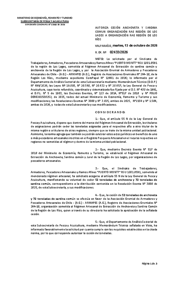 Res. Ex. N° 2433-2026 Autoriza Cesión de Anchoveta y Sardina común, Regiones de Los Lagos a Los Ríos. (Publicado en Página Web 14-10-2026)