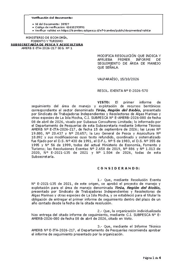 RESOL. EXENTA Nº E-2026-570 Modifica resolución que indica, aprueba primer informe de seguimiento. (Publicado en Página Web 19-10-2026).