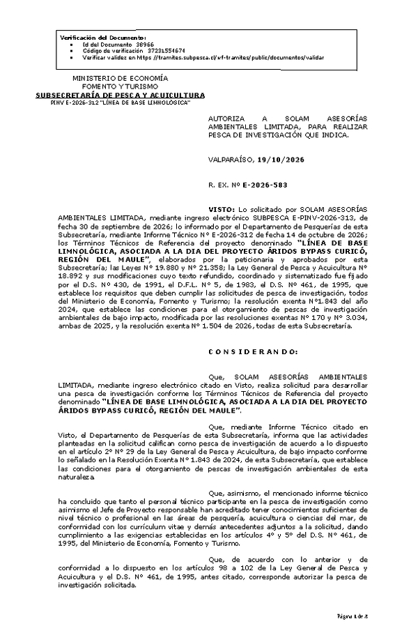R. EX. Nº E-2026-583 AUTORIZA A SOLAM ASESORÍAS AMBIENTALES LIMITADA, PARA REALIZAR PESCA DE INVESTIGACIÓN QUE INDICA. (Publicado en Página Web 20-10-2026).
