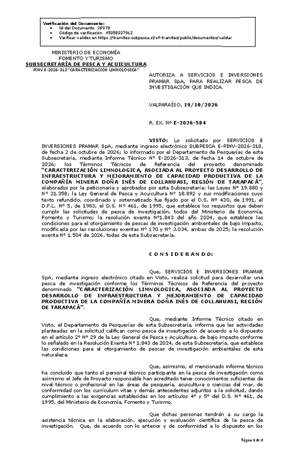 R. EX. Nº E-2026-584 AUTORIZA A SERVICIOS E INVERSIONES PRAMAR SpA, PARA REALIZAR PESCA DE INVESTIGACIÓN QUE INDICA. (Publicado en Página Web 20-10-2026).