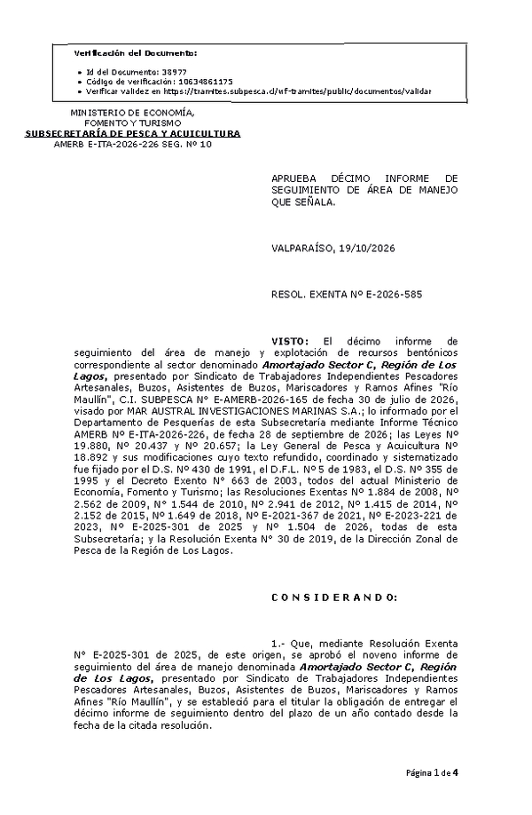 RESOL. EXENTA Nº E-2026-585 Aprueba décimo informe de seguimiento. (Publicado en Página Web 20-10-2026)