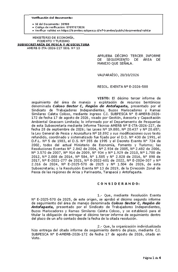 RESOL. EXENTA Nº E-2026-588 Aprueba décimo tercer informe de seguimiento. (Publicado en Página Web 20-10-2026)