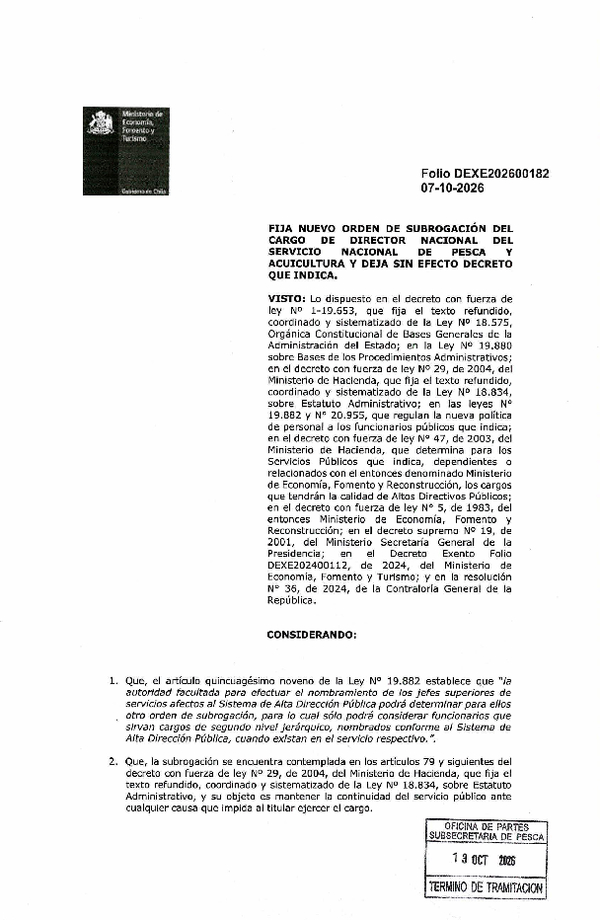 Dec. Ex. Folio DEXE202600182 Fija Nuevo Orden de Subrogación del Cargo de Director Nacional del Servicio Nacional de Pesca y Acuicultura y Deja sin Efecto Decreto que Indica. (Publicado en Página Web 26-10-2026) (F.D.O. 26-10-2026)