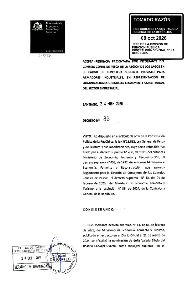 D.S. N° 88-2026 Acepta Renuncia Presentada por Integrante del Consejo Zonal de Pesca de la Región de Los Lagos en el Cargo de Consejera Suplente Previsto para Armadores Industriales, en Representación de Organizaciones Gremiales Legalmente Constituidas del Sector Empresarial. (F.D.O. 27-10-2026)