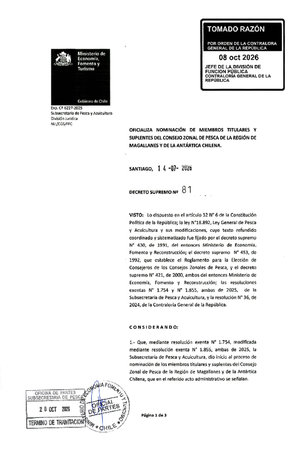D.S. N° 81-2026 Oficializa Nominación de Miembros Titulares y Suplentes del Consejo Zonal de Pesca de la Región de Magallanes y de la Antártica Chilena. (F.D.O. 27-10-2026)