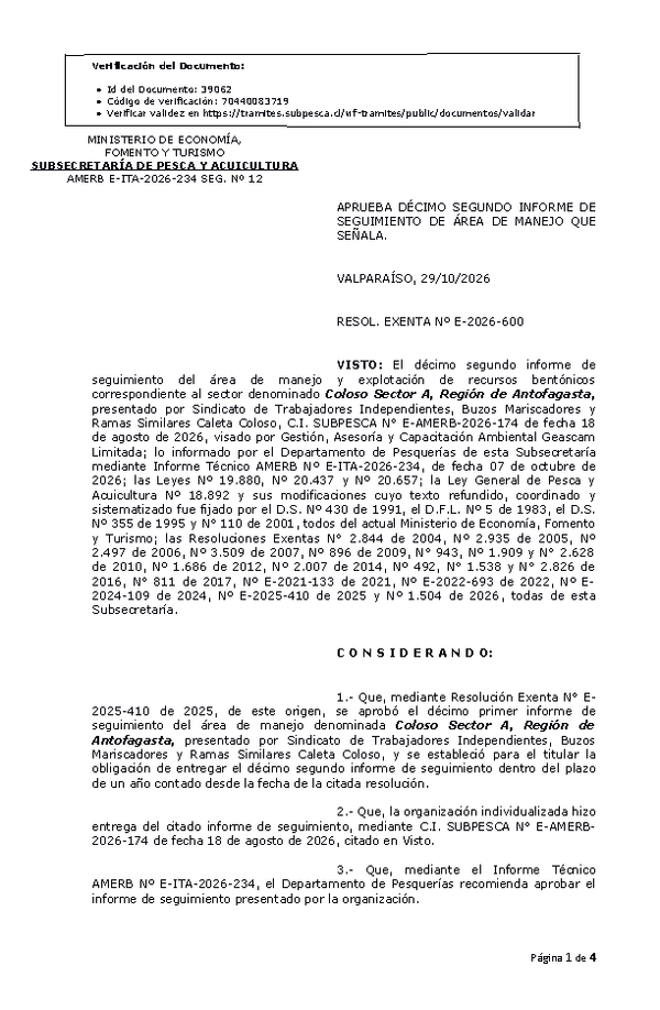 RESOL. EXENTA Nº E-2026-600 Aprueba décimo segundo informe de seguimiento. (Publicado en Página Web 29-10-2026)
