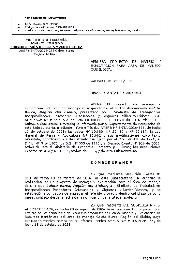RESOL. EXENTA Nº E-2026-601 Aprueba proyecto de manejo y explotación para área de manejo que índica. (Publicado en Página Web 29-10-2026)