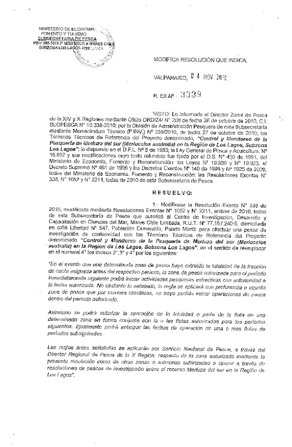 r ex pinv 3339-2010 modifica r 338-2010 mares chile merluza del sur subzona los lagos.pdf