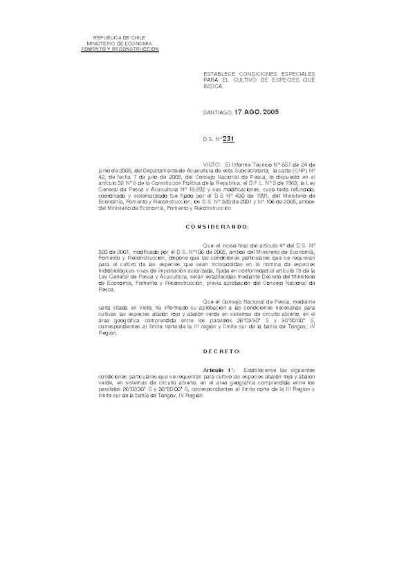 D.S. N° 231-2005 Establece condiciones Especiales para el Cultivo de Abalón rojo y Abalón verde. (Actualizado D.S. N° 268-2010) (F.D.O. 10-01-2011)