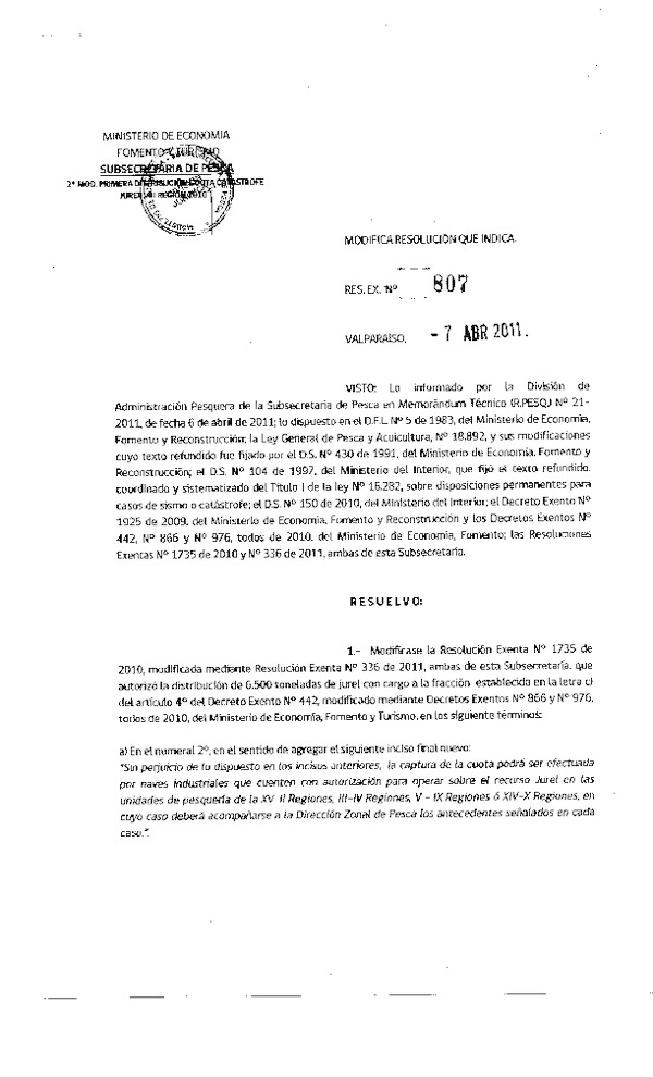 r ex 807-2011 modifica rs 1735-2010 distribucion cuota catastrofe jurel xv-x.pdf