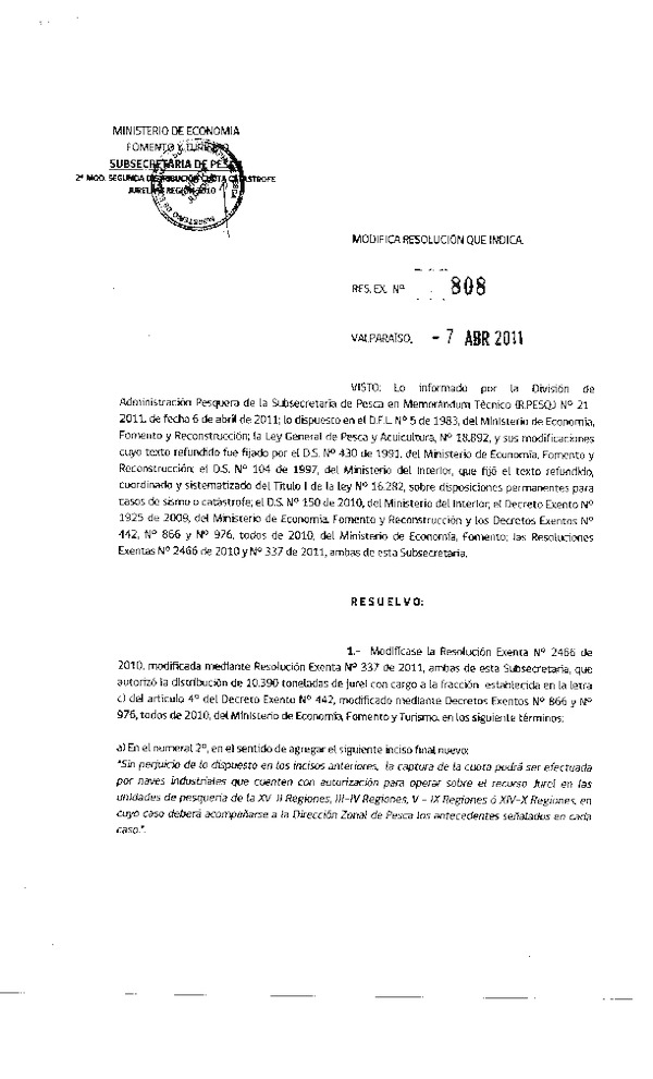 r ex 808-2011 modifics rs 2466-2010 distribucion cuota catastrofe jurel xv-x.pdf