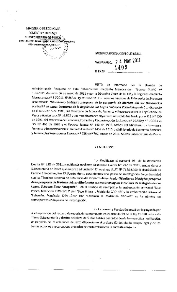 r ex 1405-11 modifica r 238-2011 fundacion chinquihue merluza del sur x subzona patagonia.pdf