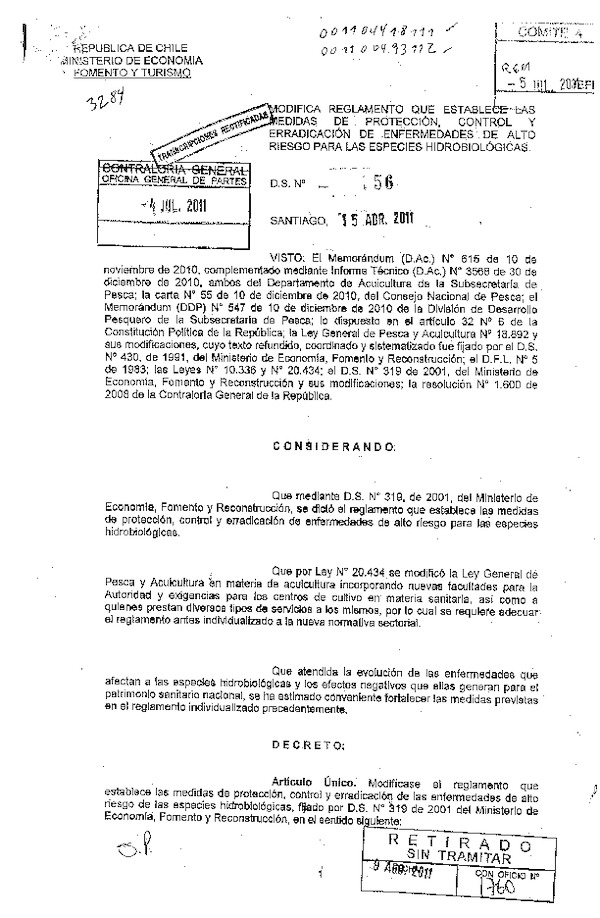 D.S. N° 56-2011 Modifica D.S. N° 319-01 Reglamento que Establece Medidas de Protección Control y Erradicación de Enfermedades de Alto riesgo. (F.D.O. 13-09-2011)