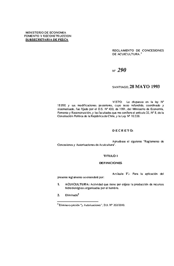 D.S. N° 290 de 1993 Reglamento de Concesiones de Acuicultura. (Actualizado D.S. Nº 114 de 2019).