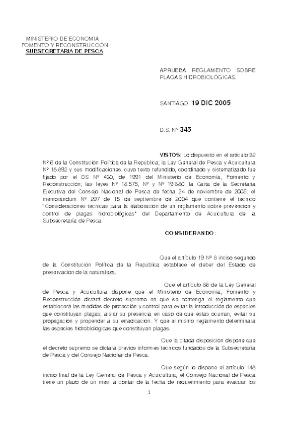 D.S. N° 345-2005 Reglamento sobre Plagas Hidrobiológicas. (Actualizado D.S. 239-2010)