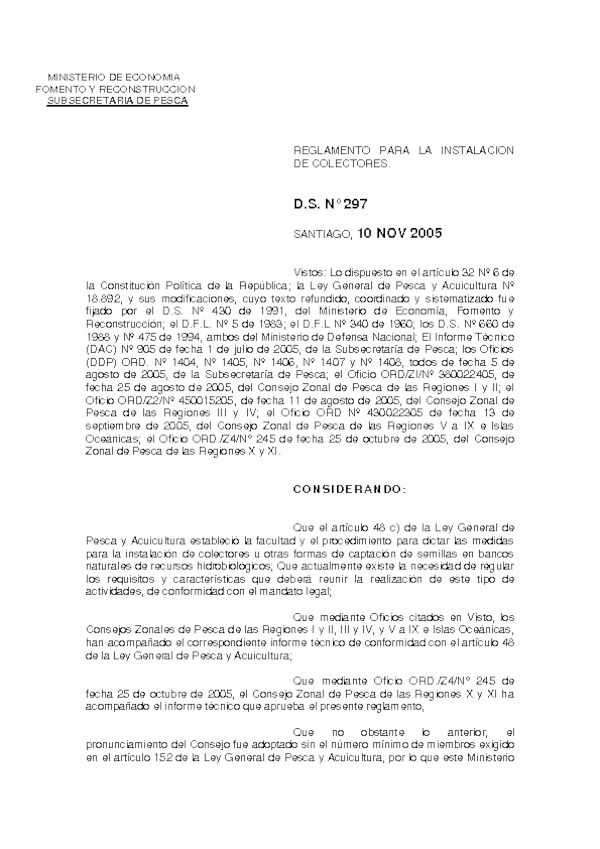 D.S. N° 297-2005 Reglamento para la Instalación de Colectores. (Actualizado D.S. Nº 123-2001