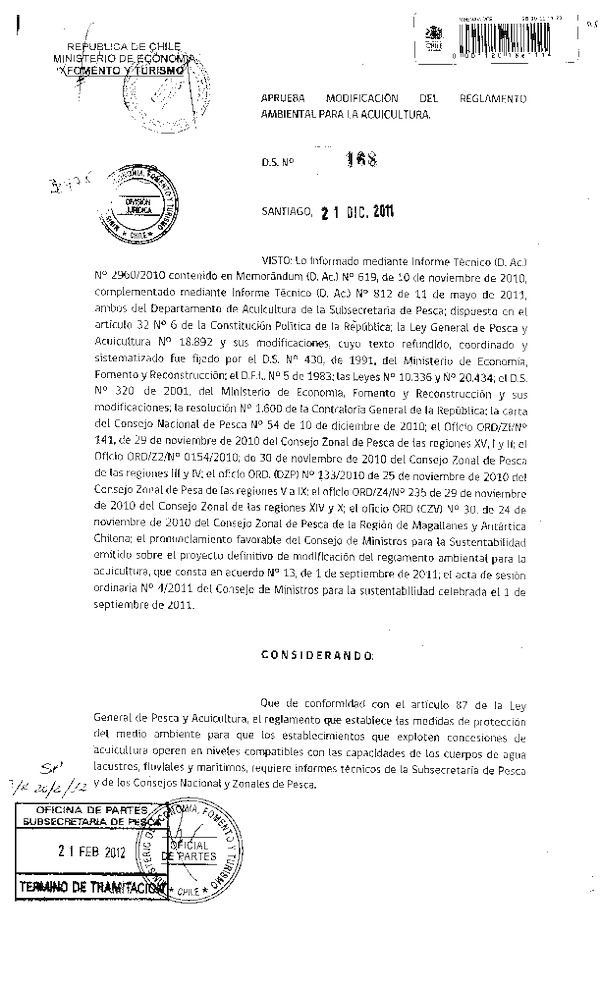 D.S. Nº 168-2011 Modifica DS Nº 320-2001 Reglamento Ambiental para la Acuicultura.(F.D.O. 27-02-2012)