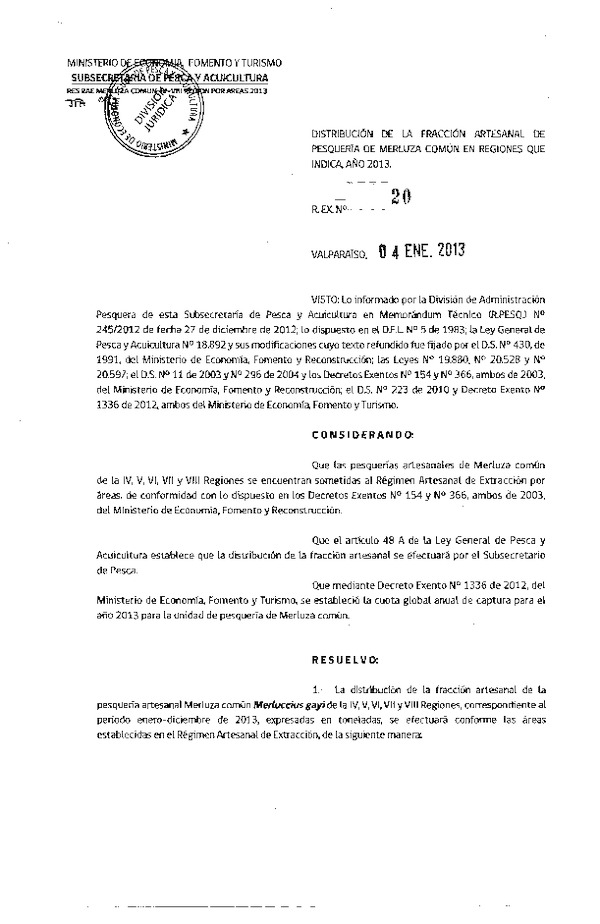 R EX 20-2013 Distribución de la Fracción Merluza Común IV-VIII Reg. (F.D.O. 12-01-2013)