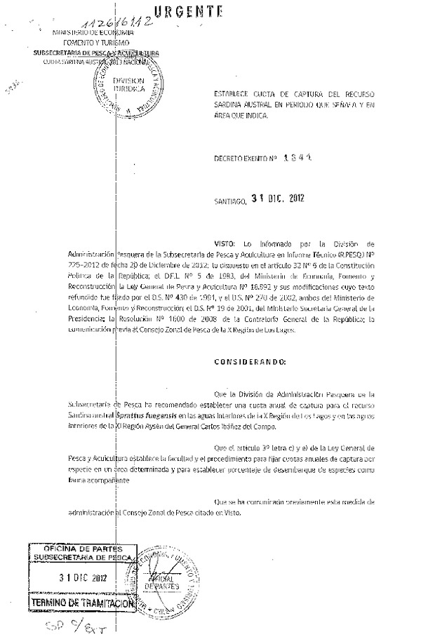 D EX N° 1341-2012 ESTABLECE CUOTA DE CAPTURA DEL RECURSO SARDINA AUSTRAL, X-XI REGIION, AÑO 2013. (F.D.O. 10-01-2013)