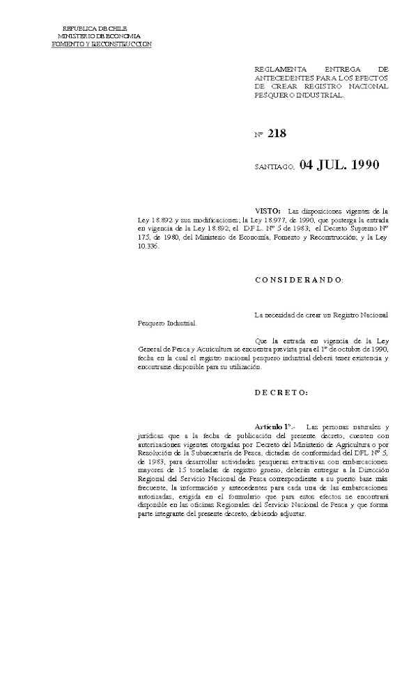 D.S. Nº 218-1190 Reglamento entrega de antecedentes para los efectos de crear registro nacional pesquero industrial (Actualizado D.S. Nº 337-1990)
