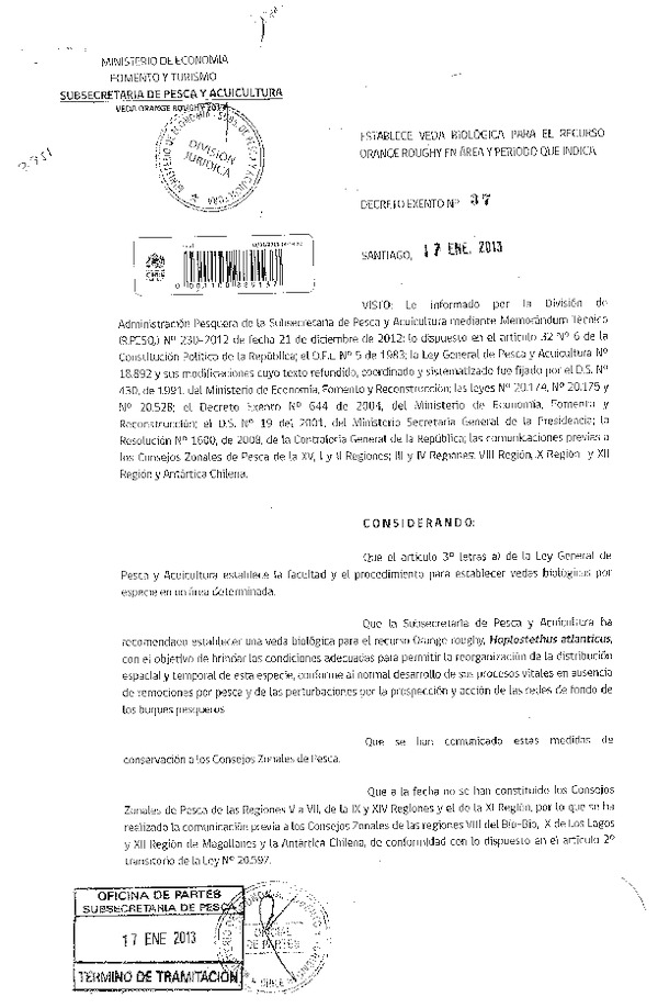 Decrteto Exento Nº 37 de 2013 Establece Veda Biológica en Mar Territotial y Zona Económica Exclusiva de la República. (F.D.O. 23-01-2013)