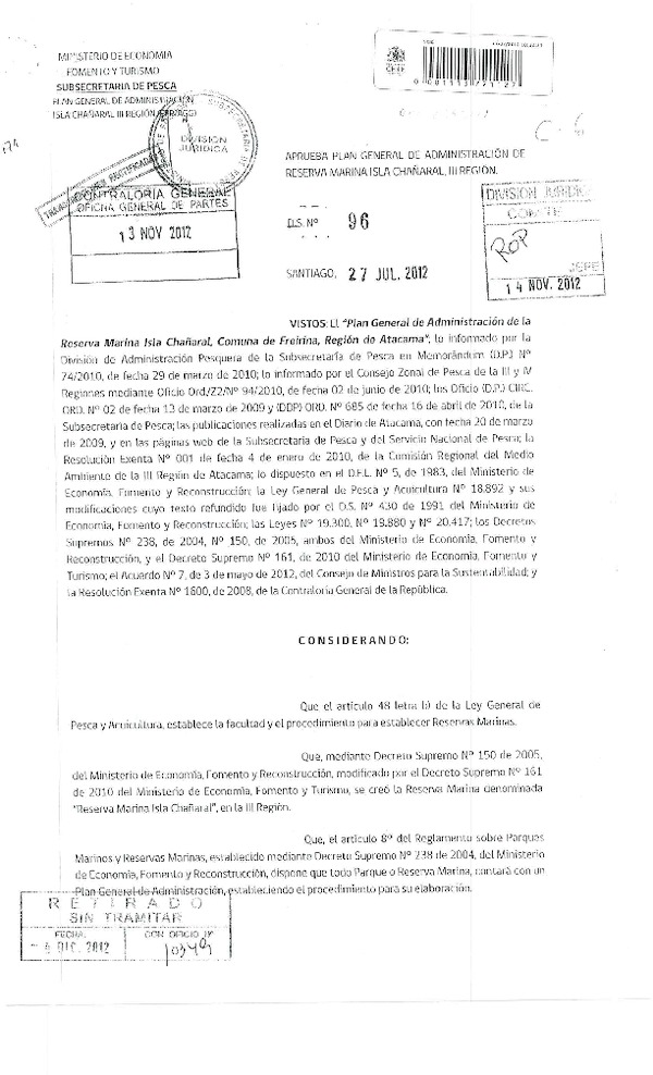 Decreto Supremo Nº 96 de 2012 Aprueba Plan General de Administración de Reserva Marina Isla Chañaral, III región. (F.D.O. 25-05-2013)