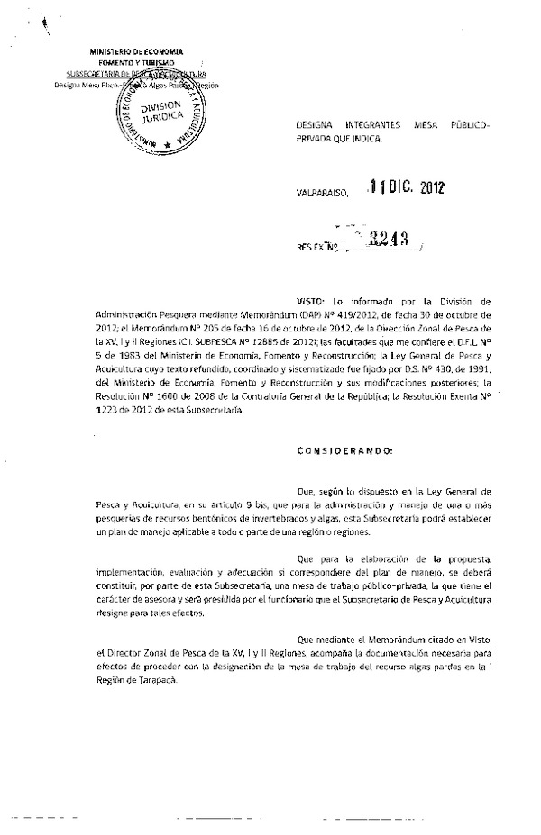 R EX N° 3243-2012 Comité de manejo algas pardas I Región de Tarapacá.