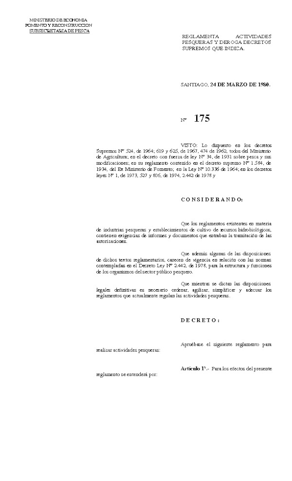 D.S. Nº 175-1980 Reglamento para Realizar Actividades Pesqueras. (Actualizado D.S. Nº 427-1989).